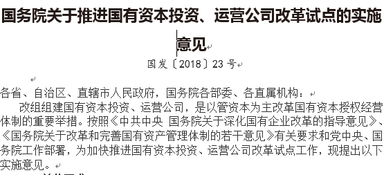 國務(wù)院關(guān)于推進(jìn)國有資本投資、運營(yíng)公司改革試點(diǎn)的實(shí)施意見(jiàn)